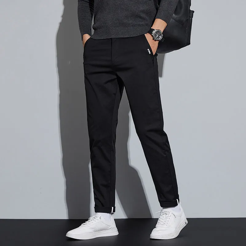 Combed cotton light business casual trousers for men in four colours with mid-rise elastic waist