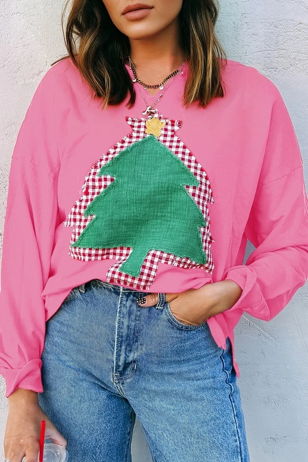 Women's Christmas Tree Patch Off-shoulder Sweater in evergreen with sequin tree detail, long sleeves, loose fit