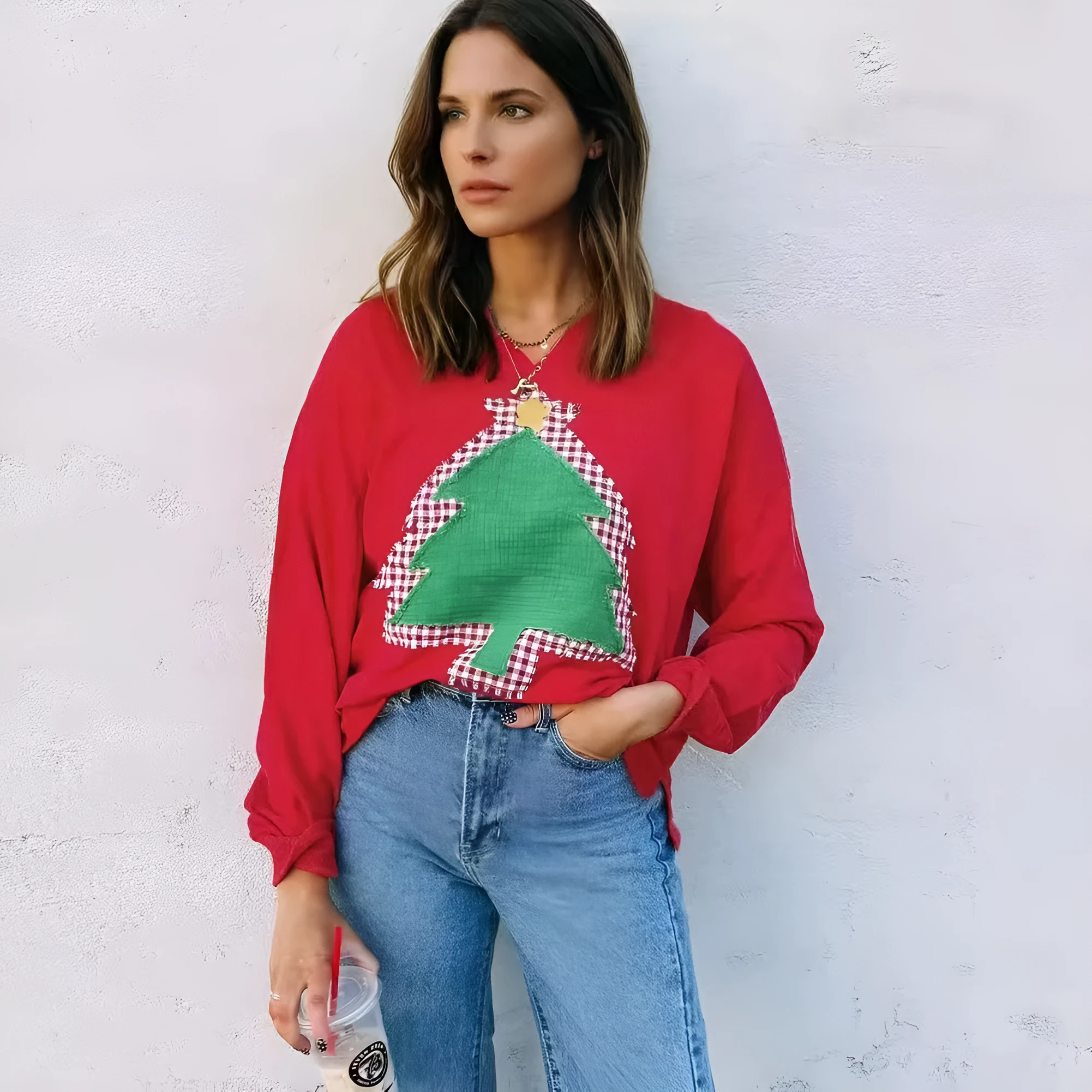 Women's Christmas Tree Patch Off-shoulder Sweater in evergreen with sequin tree detail, long sleeves, loose fit