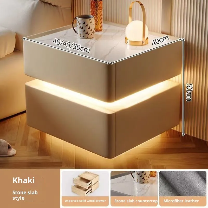 Nordic smart bed cabinet with wireless charging and Bluetooth speaker in white and black finish, wooden construction