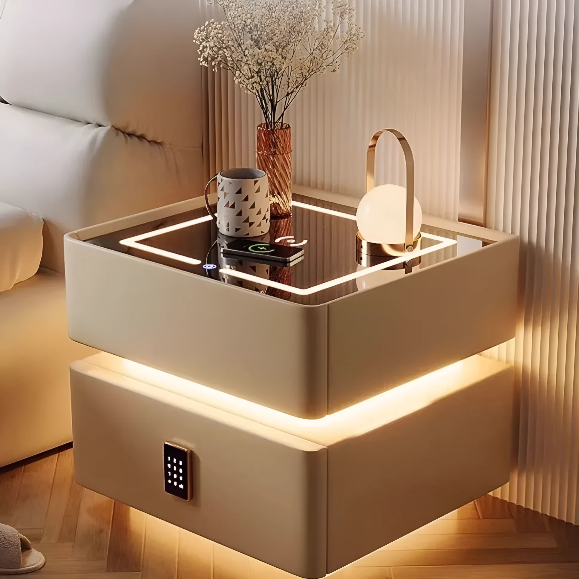 Nordic smart bed cabinet with wireless charging and Bluetooth speaker in white and black finish, wooden construction