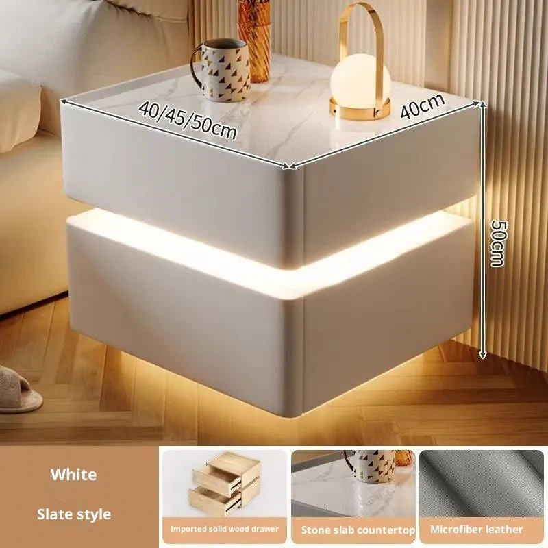Nordic smart bed cabinet with wireless charging and Bluetooth speaker in white and black finish, wooden construction
