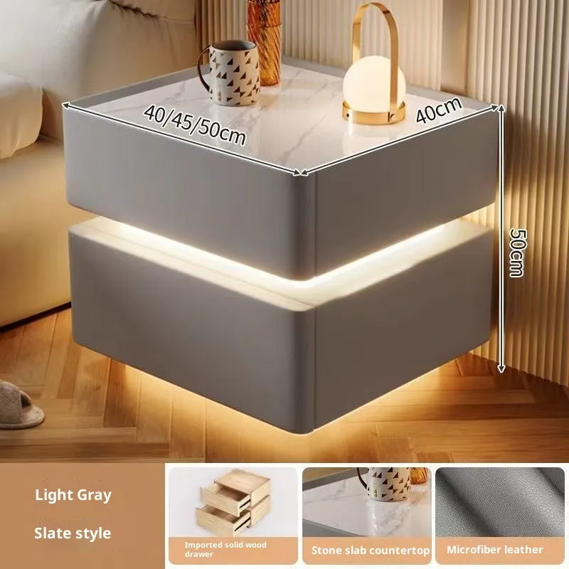 Nordic smart bed cabinet with wireless charging and Bluetooth speaker in white and black finish, wooden construction