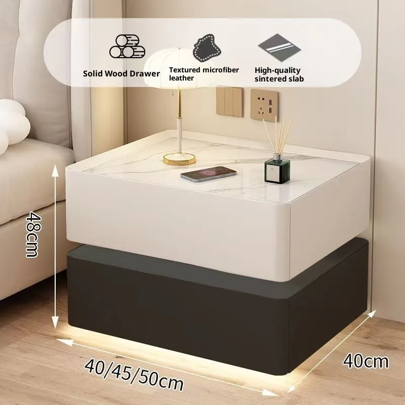 Nordic smart bed cabinet with wireless charging and Bluetooth speaker in white and black finish, wooden construction