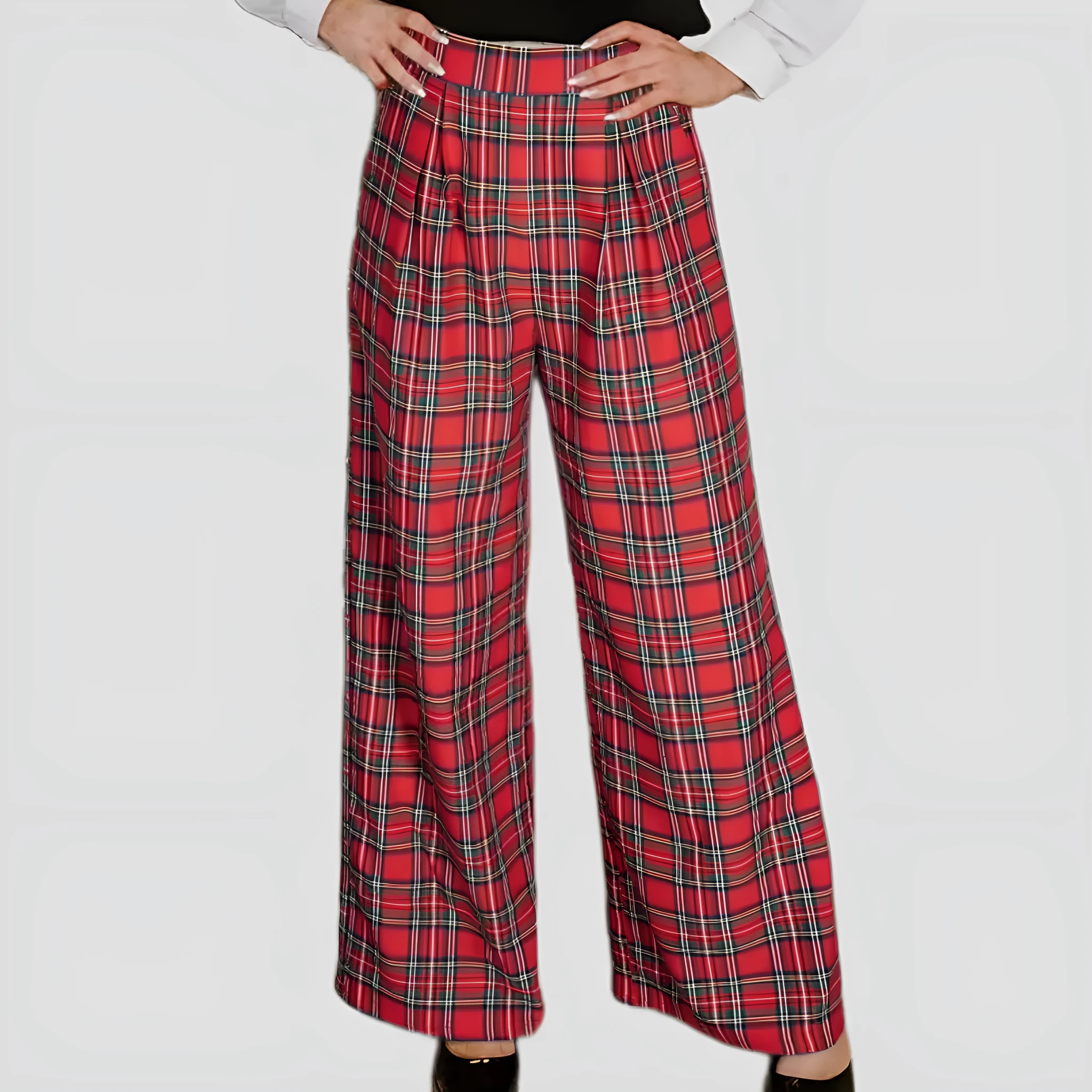 Red women's casual lattice loose trousers with elastic waist, loose fit, temperment commute style