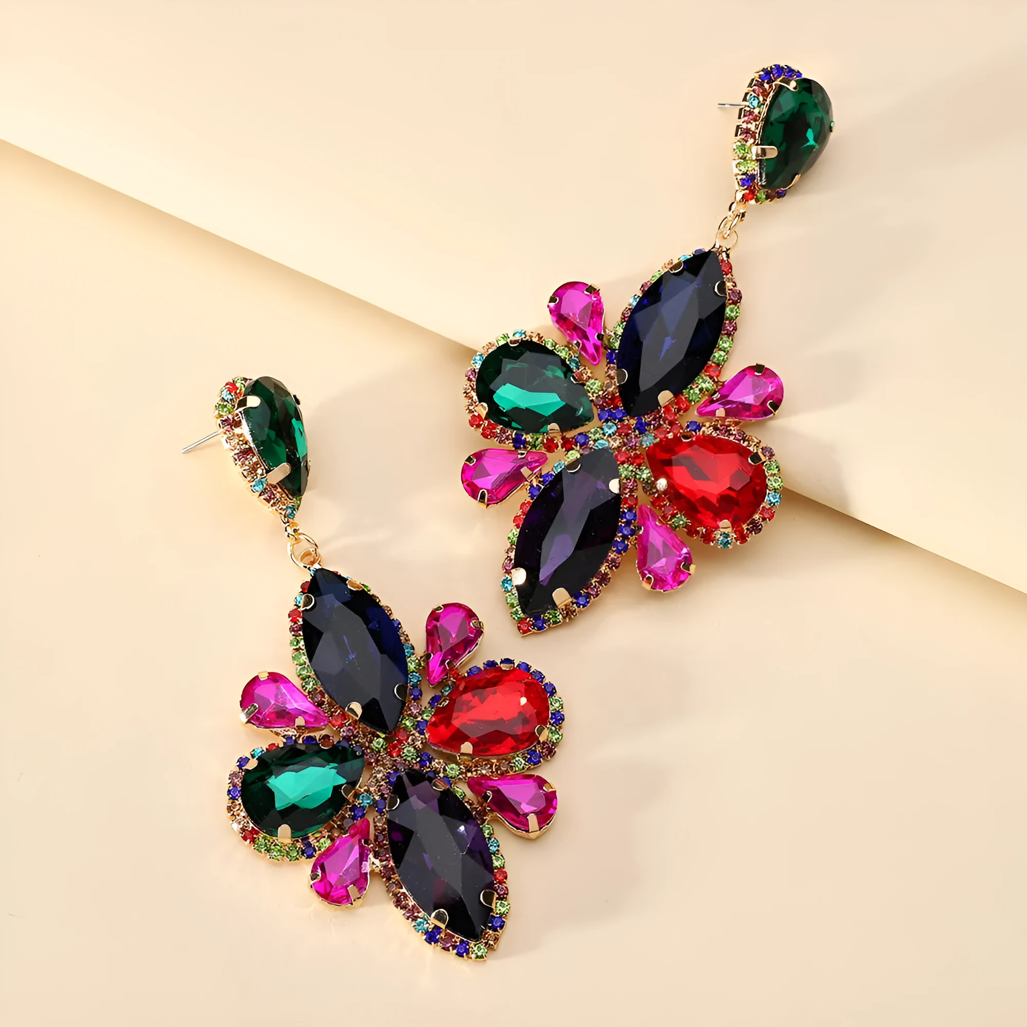 Pair of shiny glass long geometric earrings in a retro cold wind style