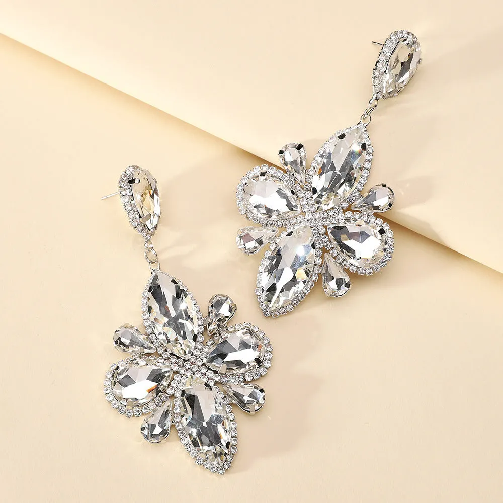 Pair of shiny glass long geometric earrings in a retro cold wind style
