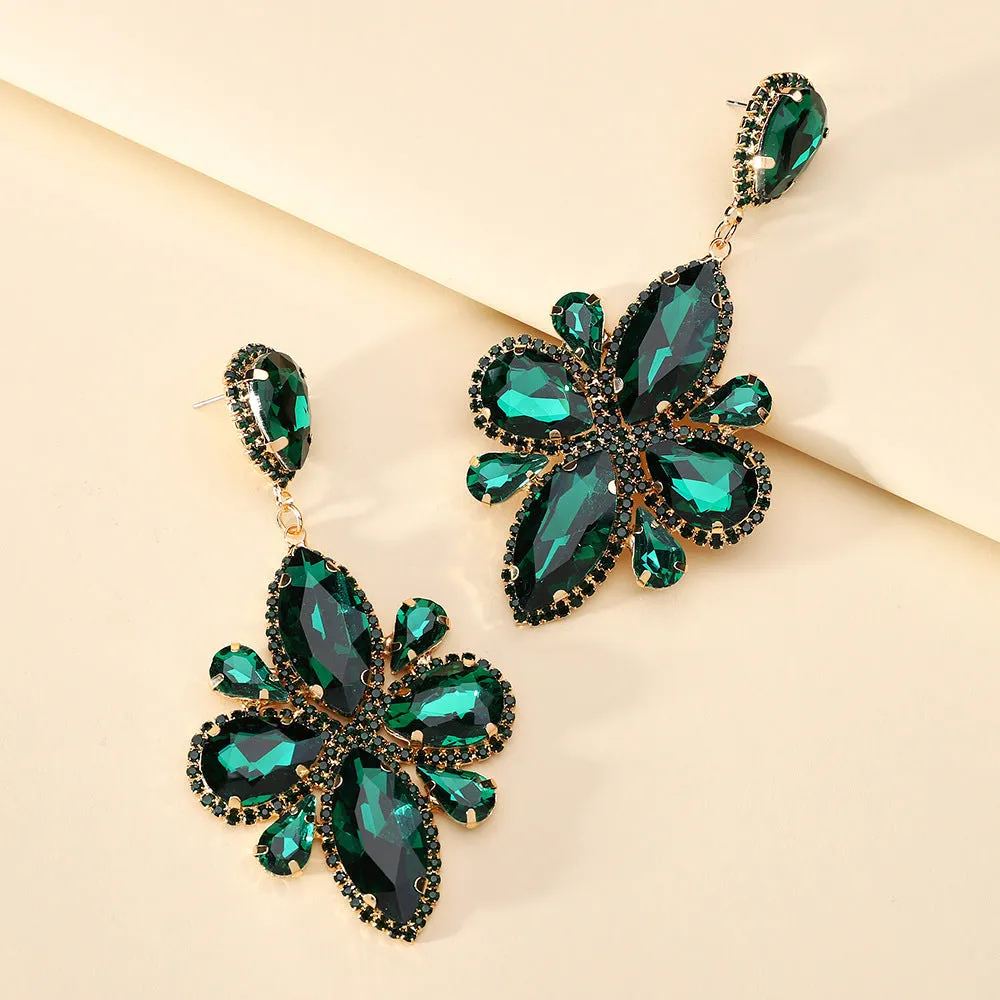 Pair of shiny glass long geometric earrings in a retro cold wind style