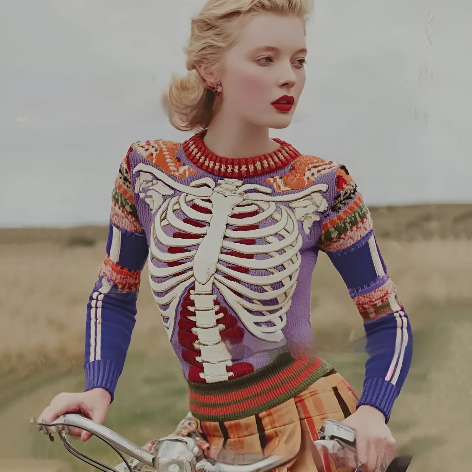 3D digital print casual round neck thick needle sweater pullover in beige colour