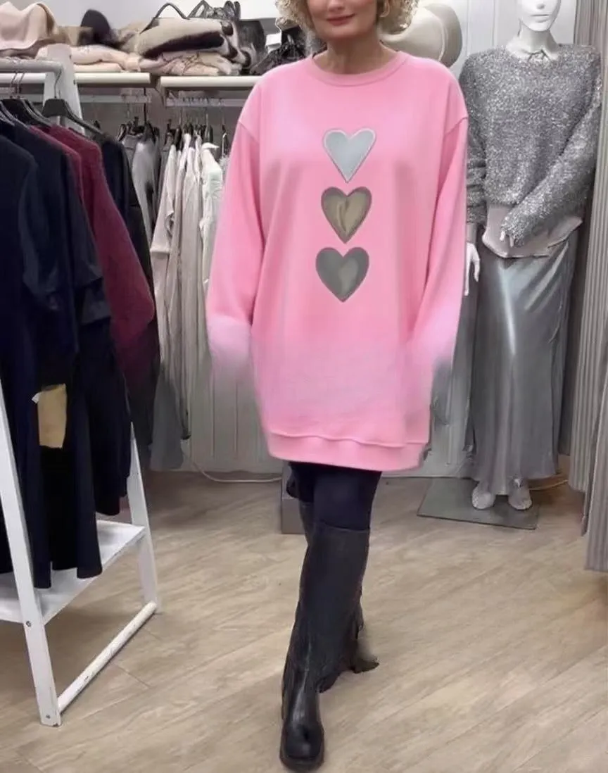 Love print round neck long sleeve casual pullover sweater with oversized swing skirt in red