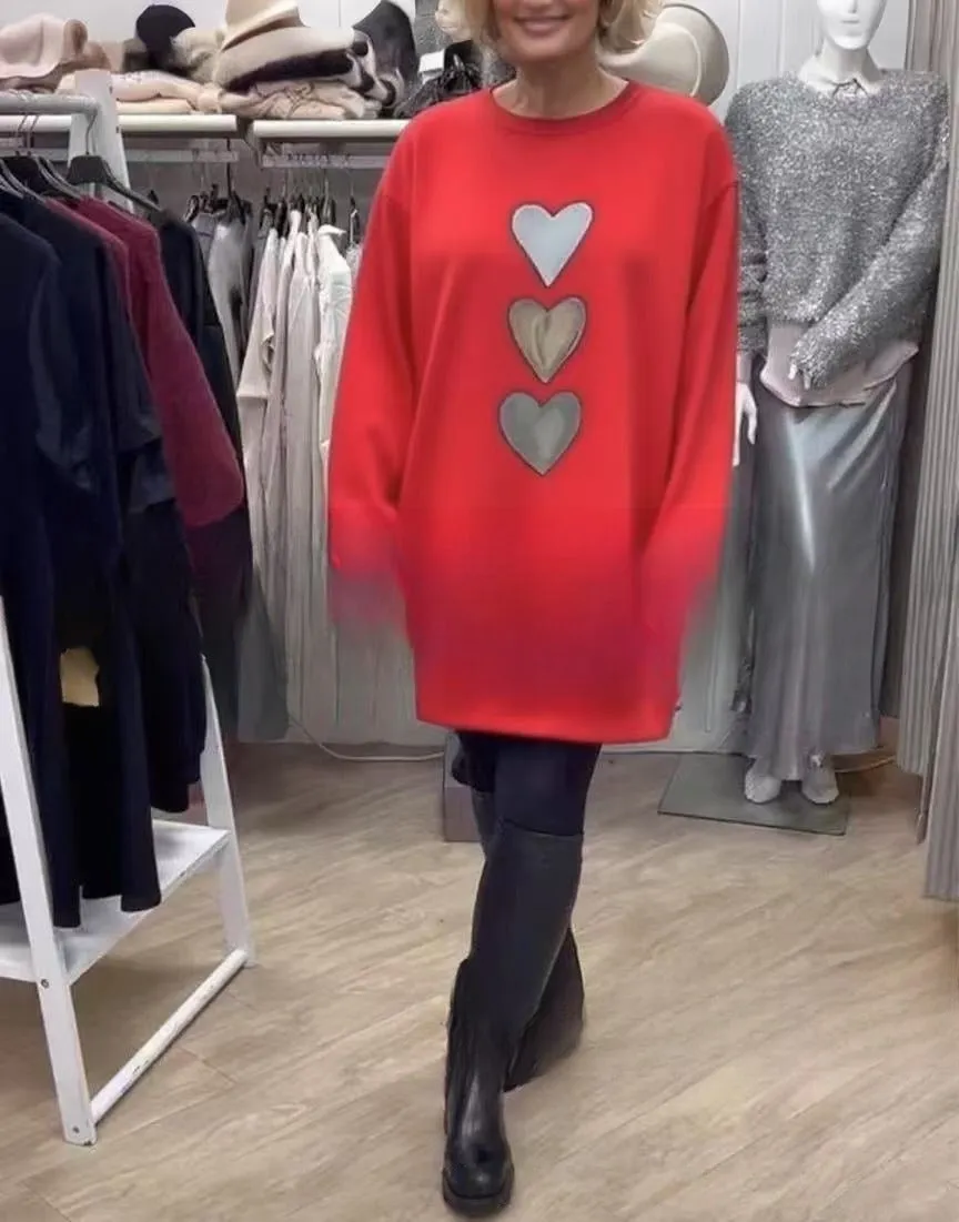 Love print round neck long sleeve casual pullover sweater with oversized swing skirt in red
