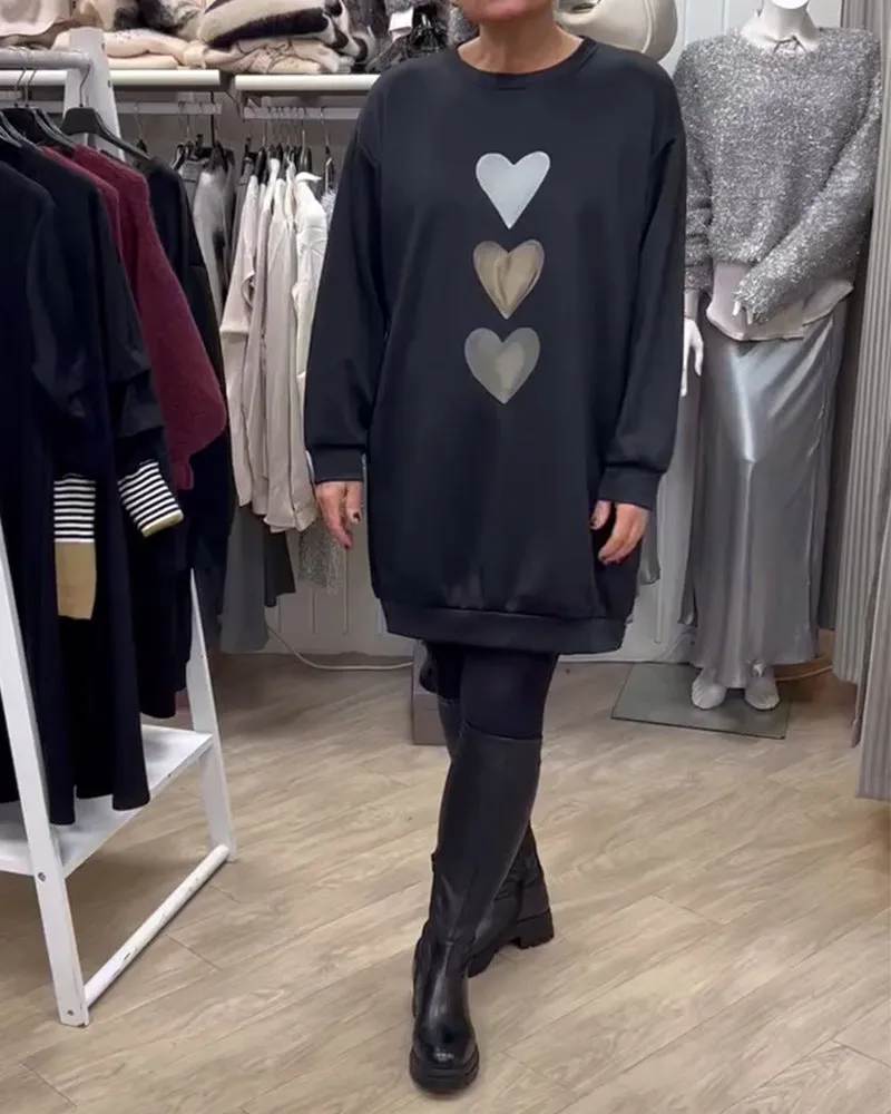 Love print round neck long sleeve casual pullover sweater with oversized swing skirt in red