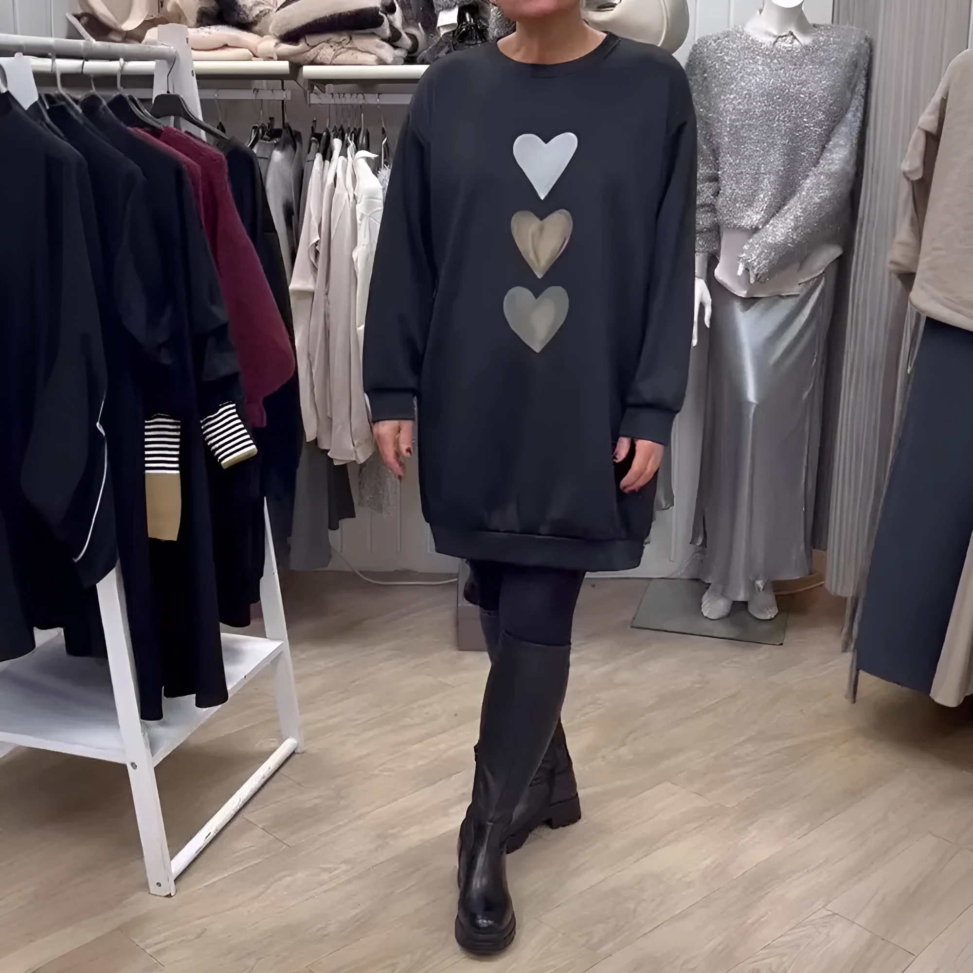Love print round neck long sleeve casual pullover sweater with oversized swing skirt in red