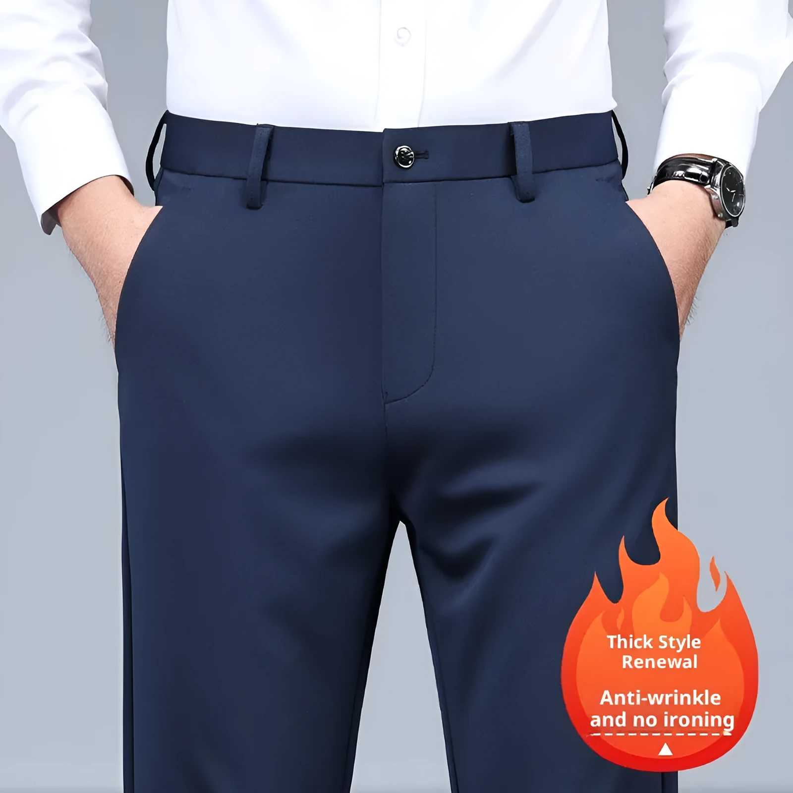 Men's black slim straight formal pants in polyester fibre with micro-elastic fit, size options 29-42