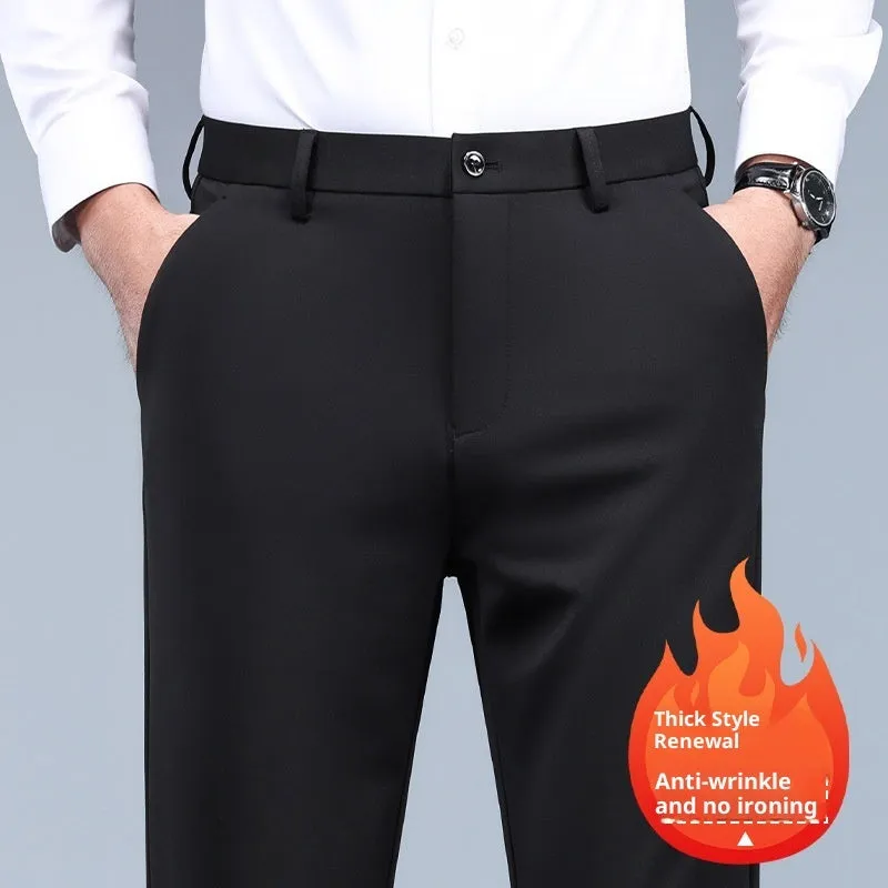 Men's black slim straight formal pants in polyester fibre with micro-elastic fit, size options 29-42