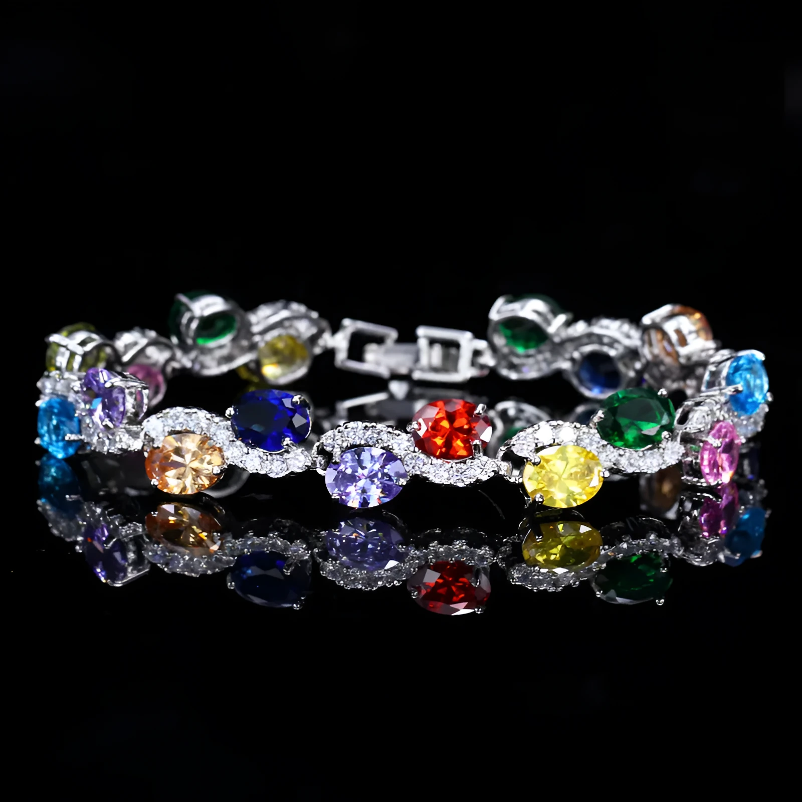 Geometric gold electroplated women's bracelet with inlaid AAA+ zircon stones on a copper base.