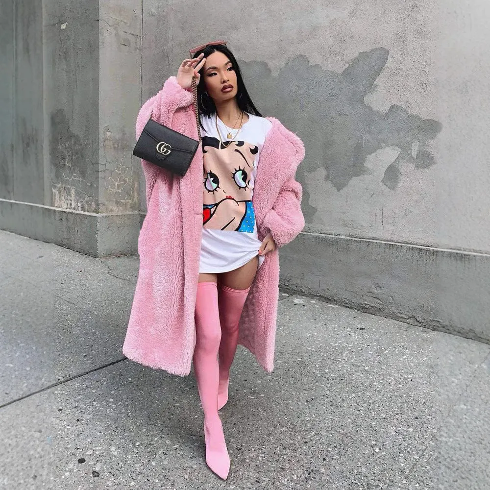 Women's double-sided lapel polyester coat in solid colour, long sleeves, medium length 65cm, loose fit, with two front pockets