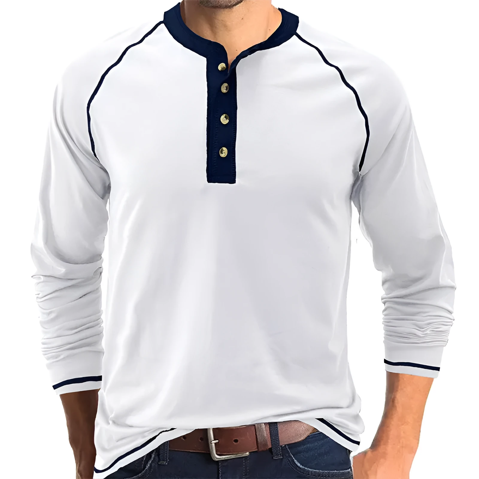Men's cotton long-sleeved T-shirt in straight fit with raglan sleeves, available in multiple colours including white and camel