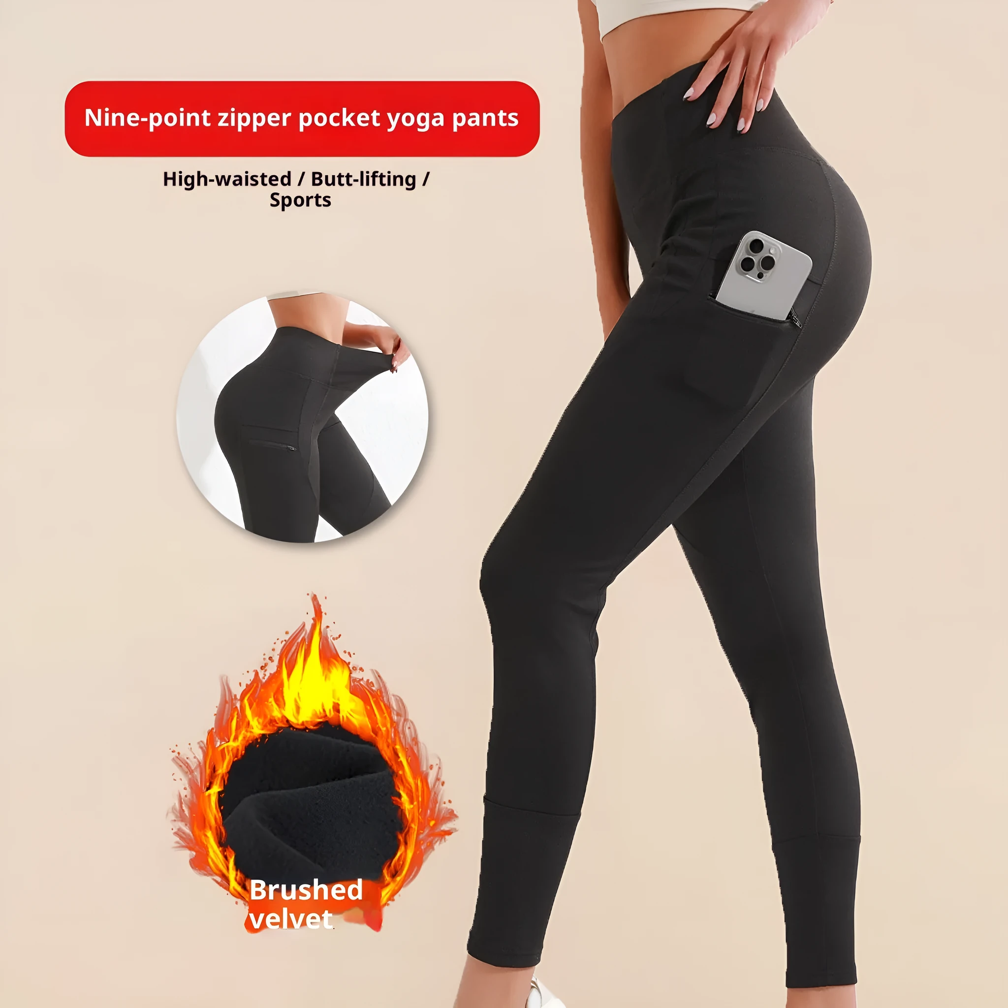 Black cropped leggings with high waist and zipper pocket on a model