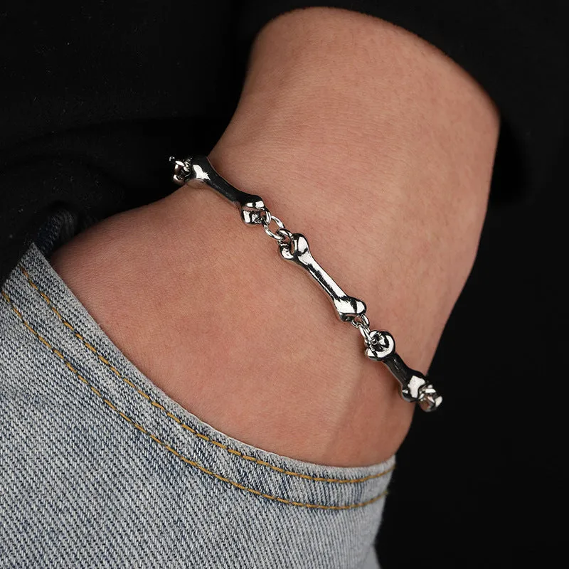 Silver alloy bone string bracelet with geometric bone shape, handmade, for men and women