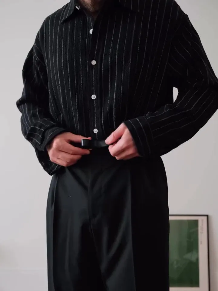 Black pinstriped button-down business shirt with long sleeves and regular fit