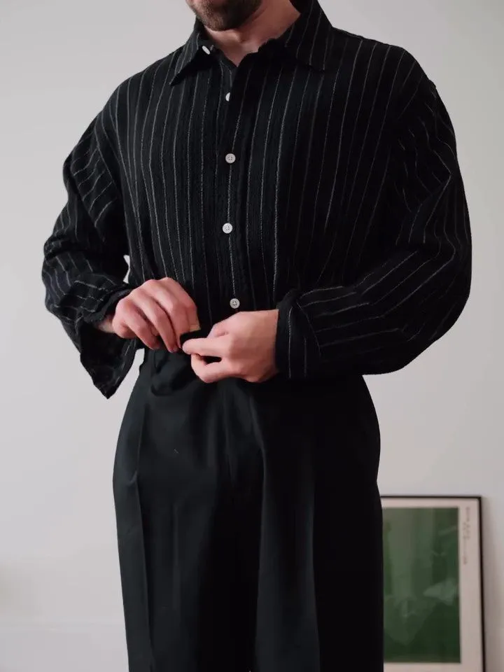Black pinstriped button-down business shirt with long sleeves and regular fit