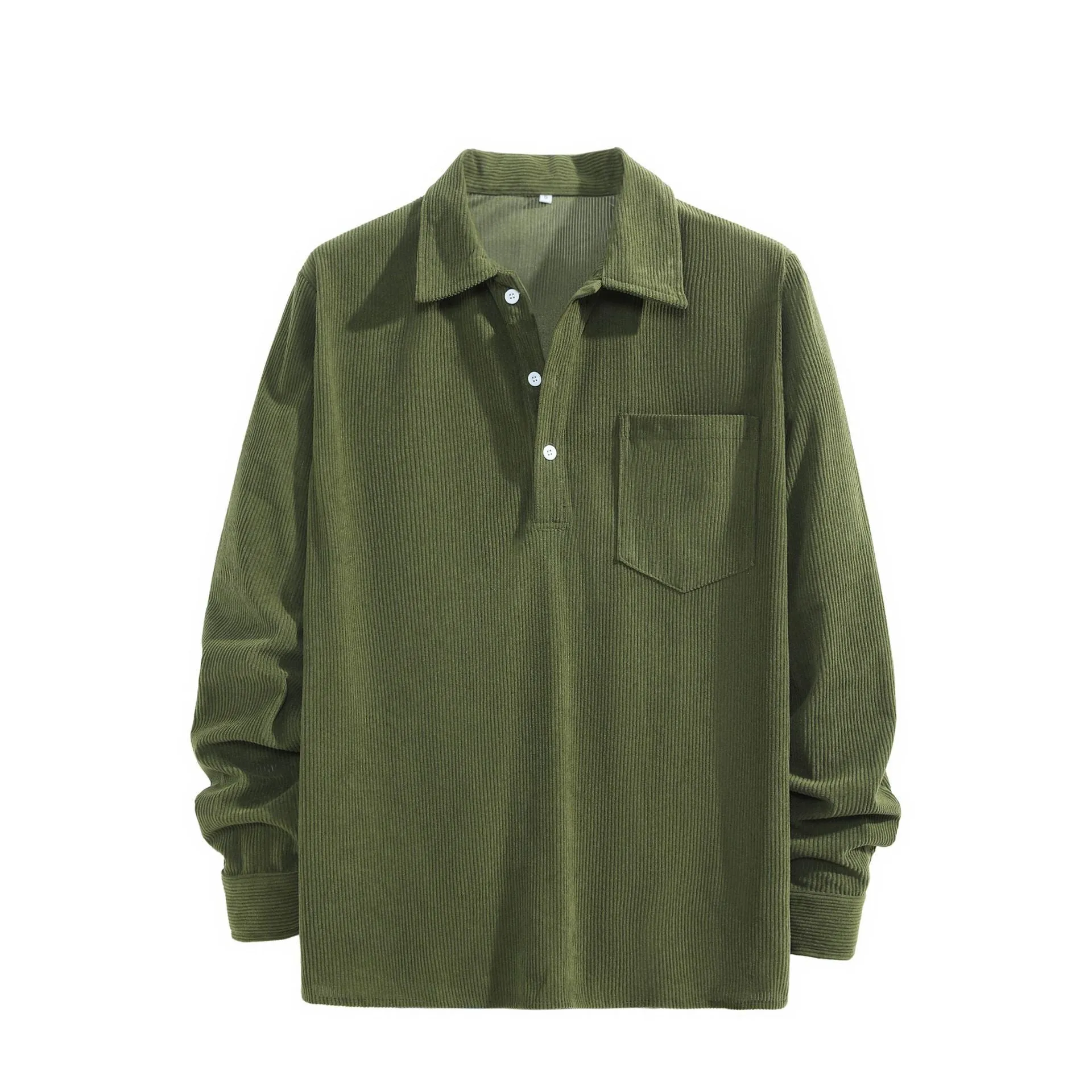 American retro casual bottoming shirt in black, loose fit polyester pullover, front view