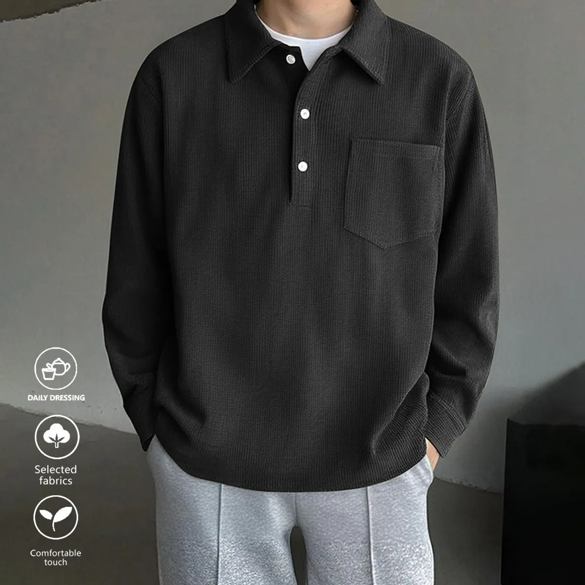American retro casual bottoming shirt in black, loose fit polyester pullover, front view