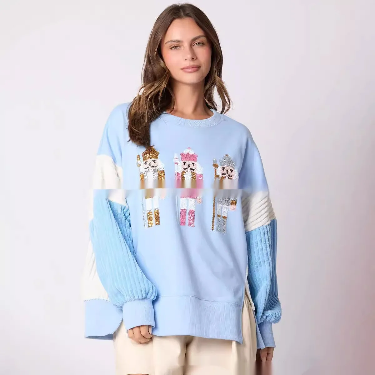 Women's Christmas soldier sequins hoodie pullover in sky blue with loose fit and long sleeves