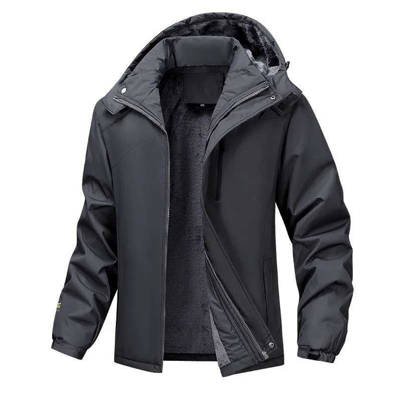 Men's waterproof loose fit hooded coat in plus sizes with army green, black, dark grey, and white colour options