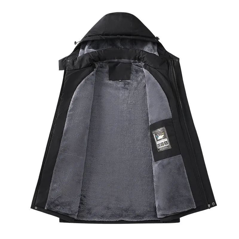 Men's waterproof loose fit hooded coat in plus sizes with army green, black, dark grey, and white colour options