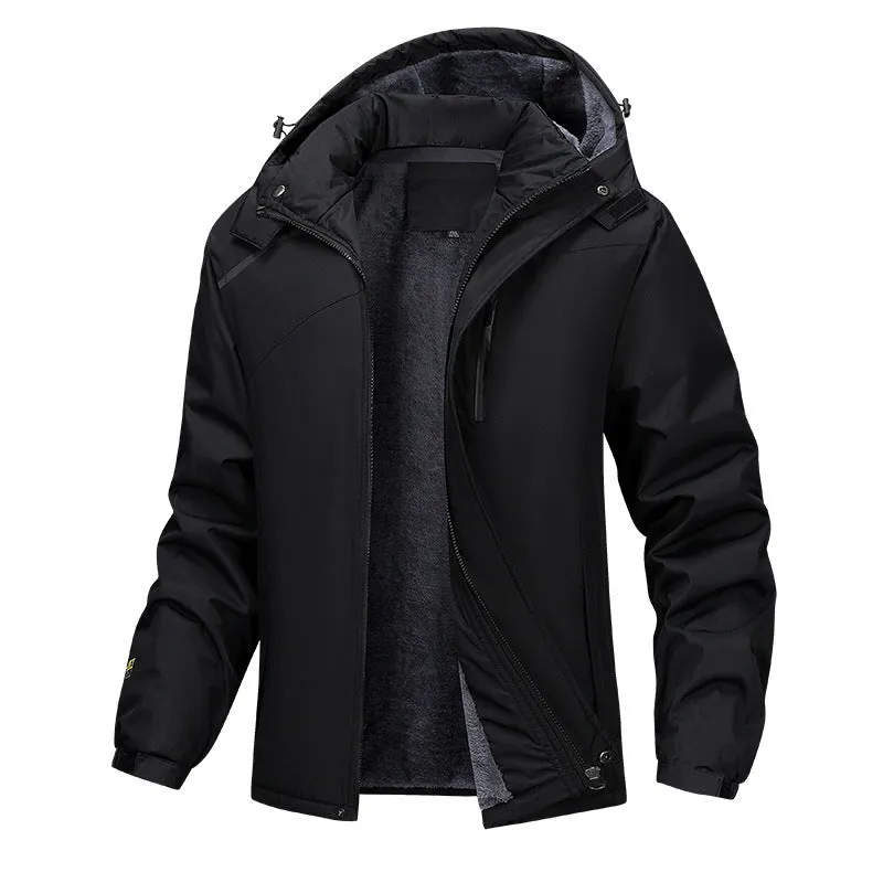 Men's waterproof loose fit hooded coat in plus sizes with army green, black, dark grey, and white colour options