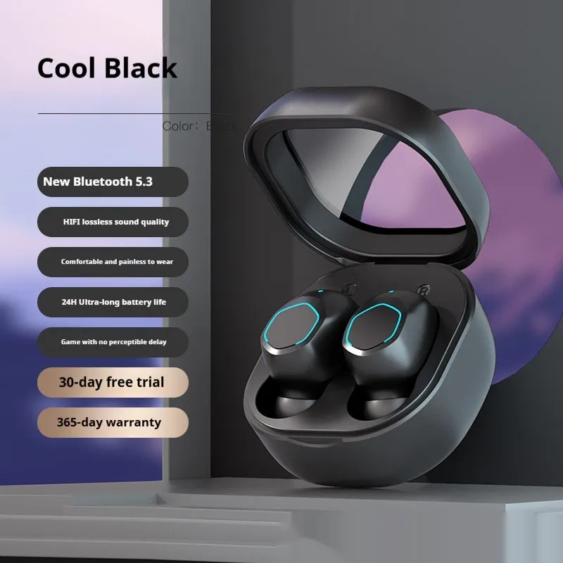 New Bluetooth headset wireless noise reduction sports cute in-ear earbuds in black with plastic construction