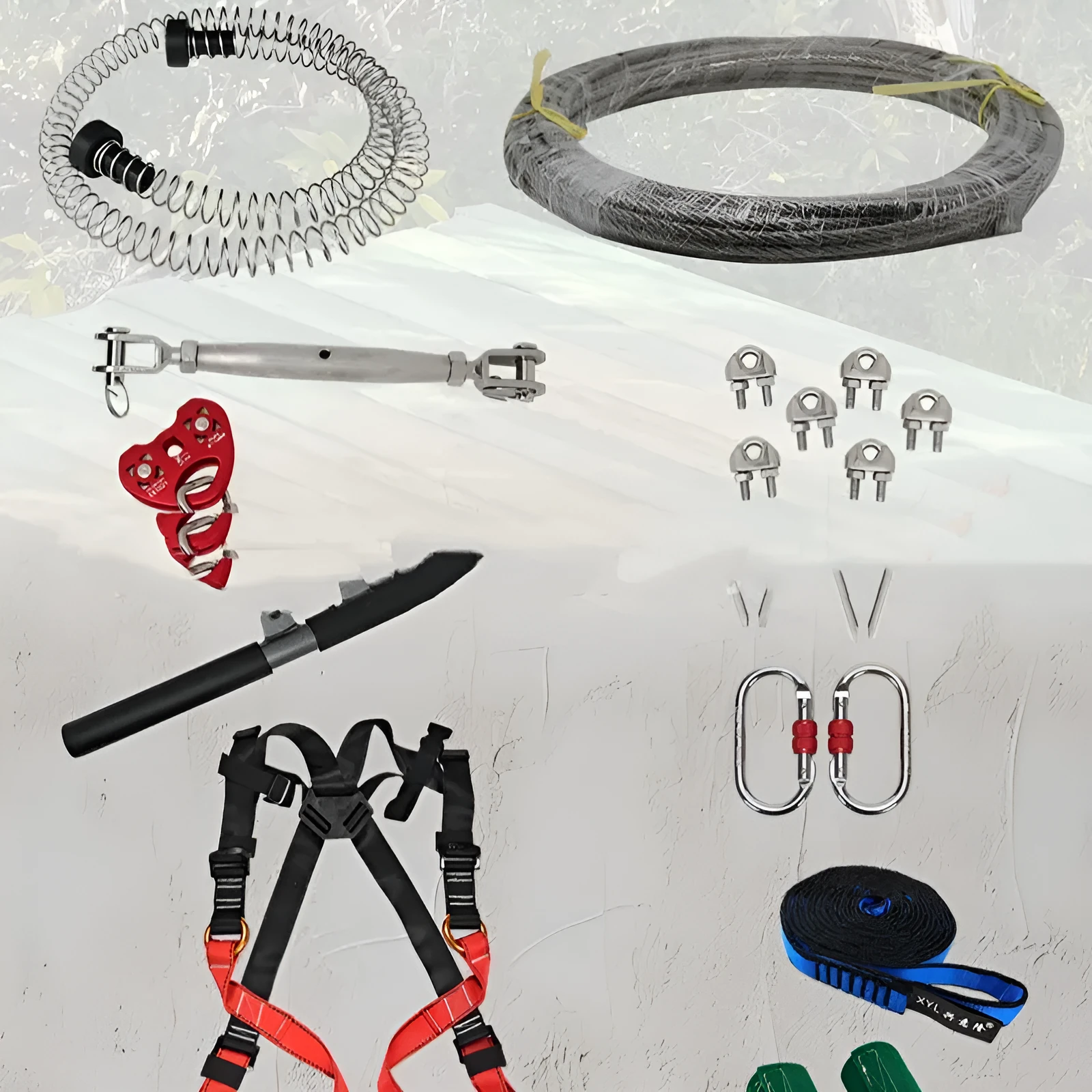 Children's outdoor pulley slide rope kit with 10m steel cable, alloy pulleys, and tree protection components