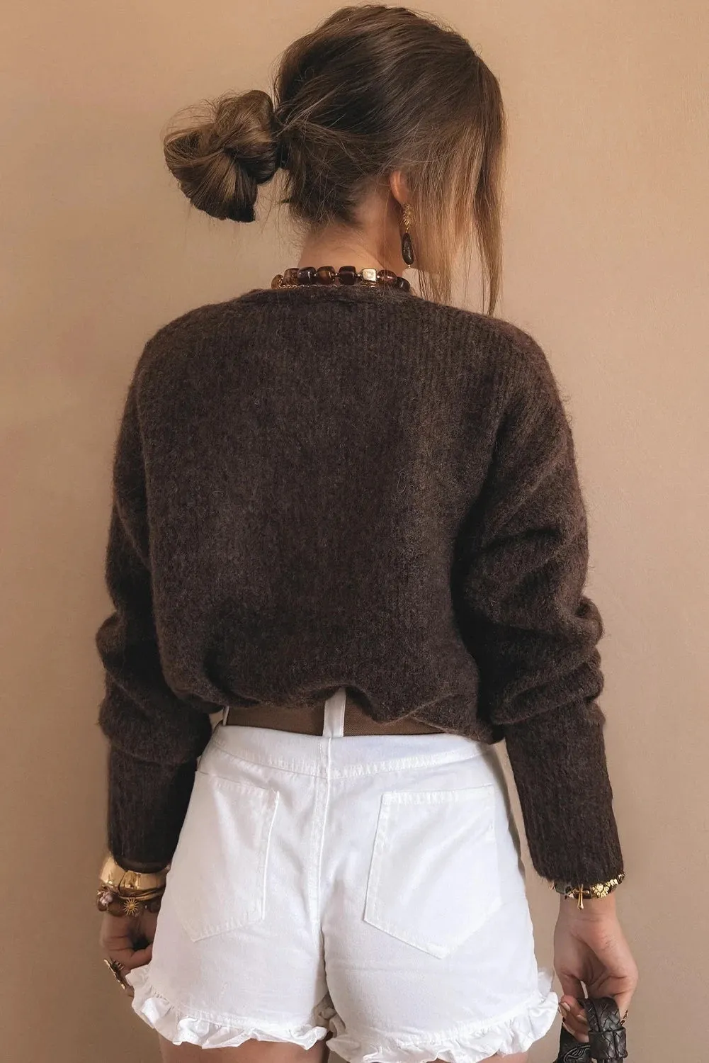 Women's loose cardigan coat with metal buckle in Coffee colour, long sleeves, solid knit fabric
