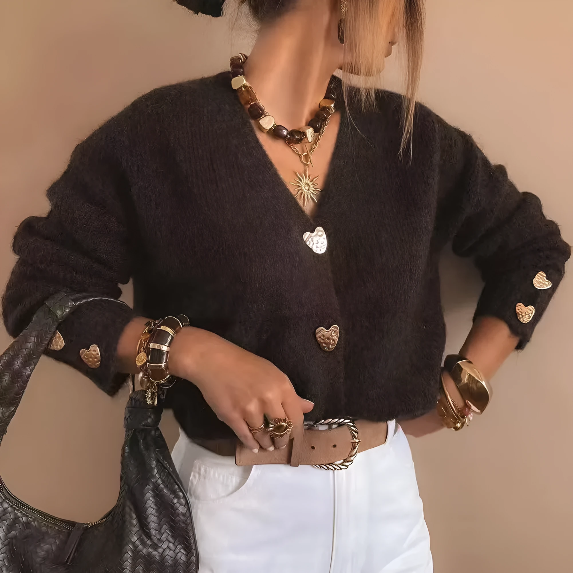 Women's loose cardigan coat with metal buckle in Coffee colour, long sleeves, solid knit fabric