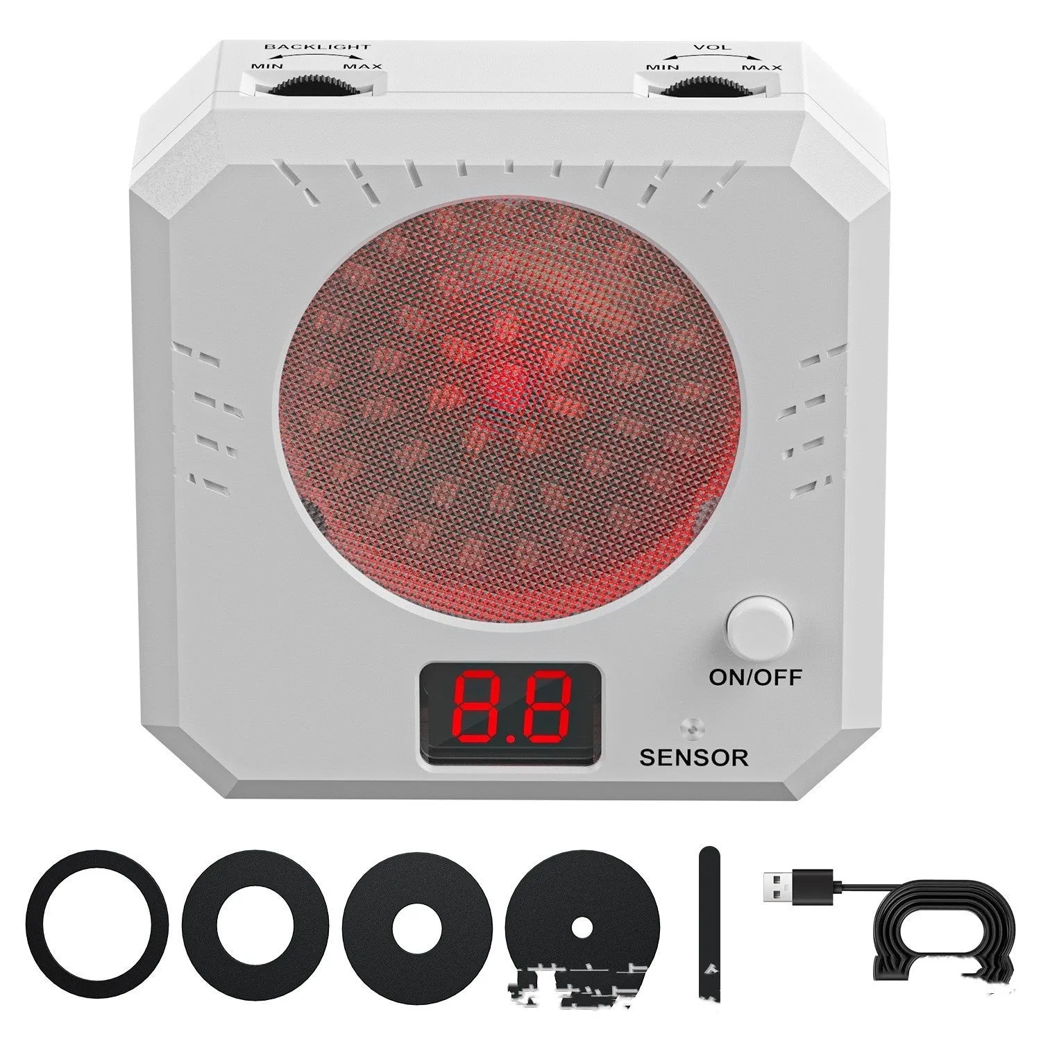Dry fire laser target with infrared counting electronic system, ABS housing, magnetic plate, and four target rings on a tabletop