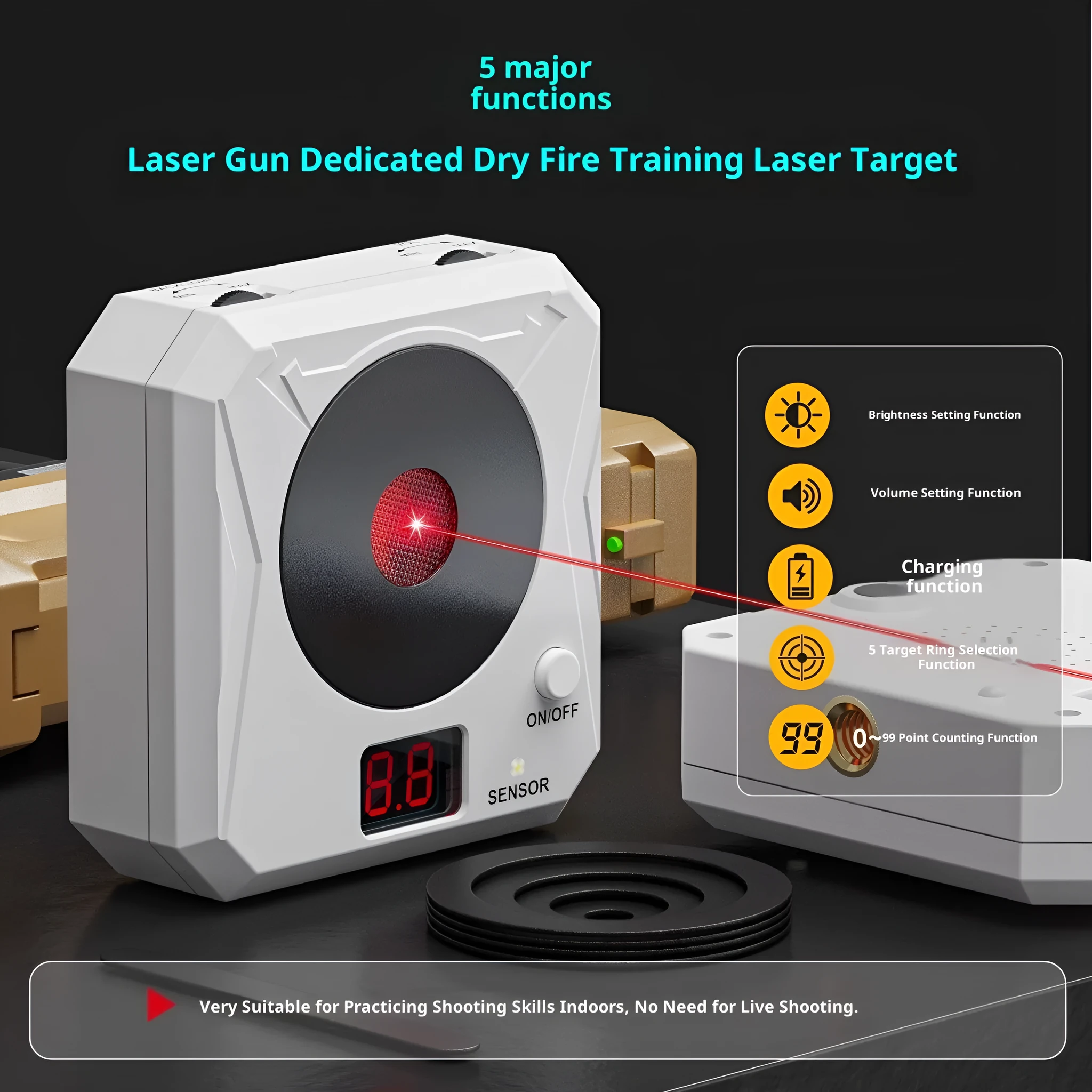 Dry fire laser target with infrared counting electronic system, ABS housing, magnetic plate, and four target rings on a tabletop