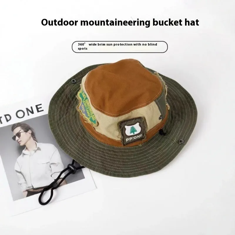 Army green cotton fisherman hat with hand-painted patchwork retro design and flat top crown