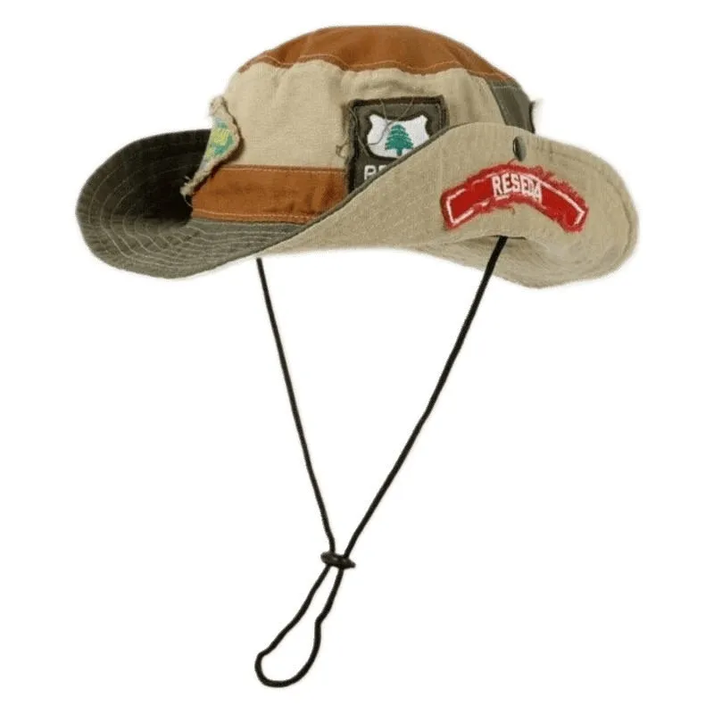 Army green cotton fisherman hat with hand-painted patchwork retro design and flat top crown