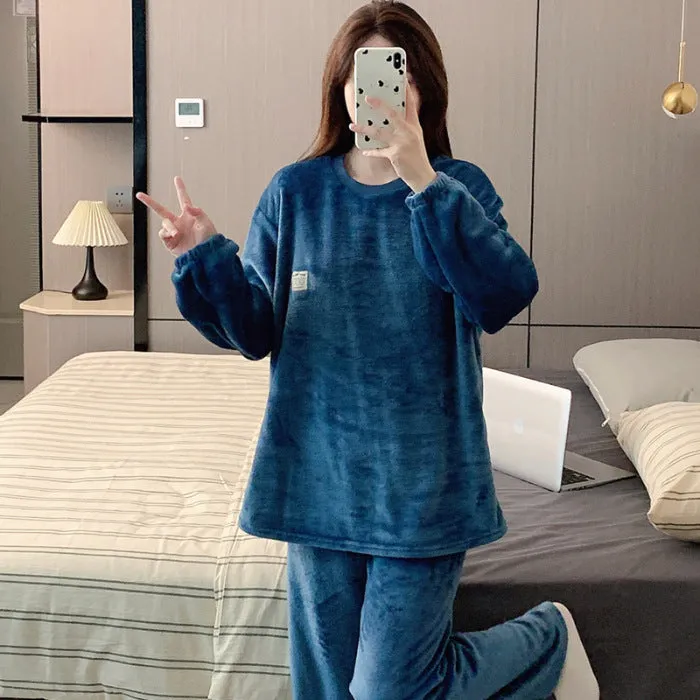 Women's warm loungewear suit in dark blue with pullover top and matching trousers, long sleeves, size M-XXL