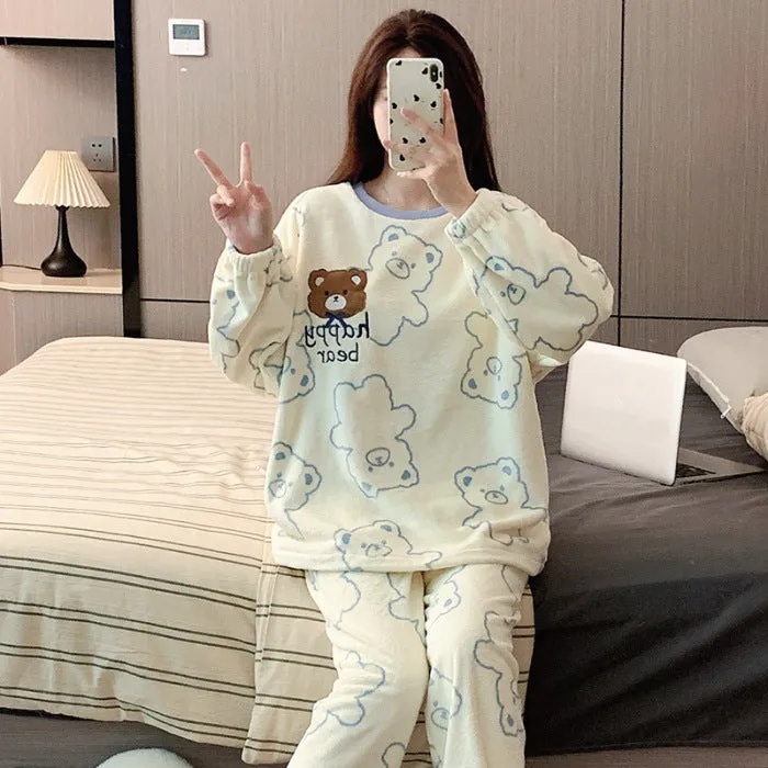 Women's warm loungewear suit in dark blue with pullover top and matching trousers, long sleeves, size M-XXL