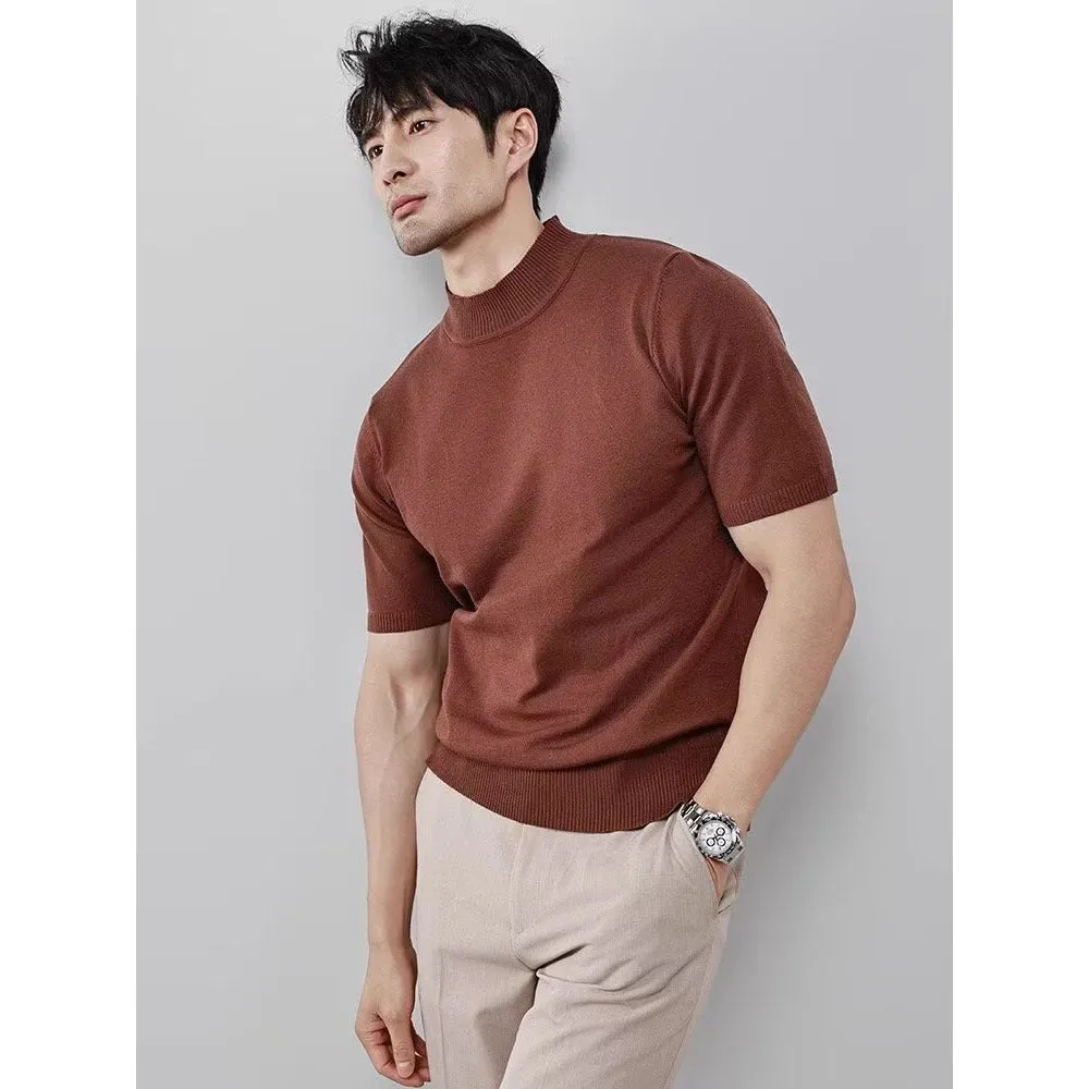 Men's ice silk half turtleneck solid colour slim fit pullover in green on a plain background
