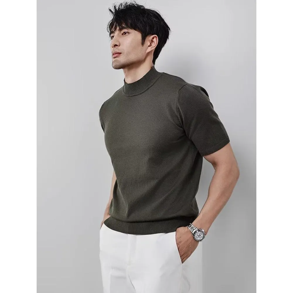 Men's ice silk half turtleneck solid colour slim fit pullover in green on a plain background