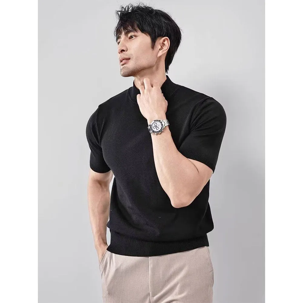 Men's ice silk half turtleneck solid colour slim fit pullover in green on a plain background