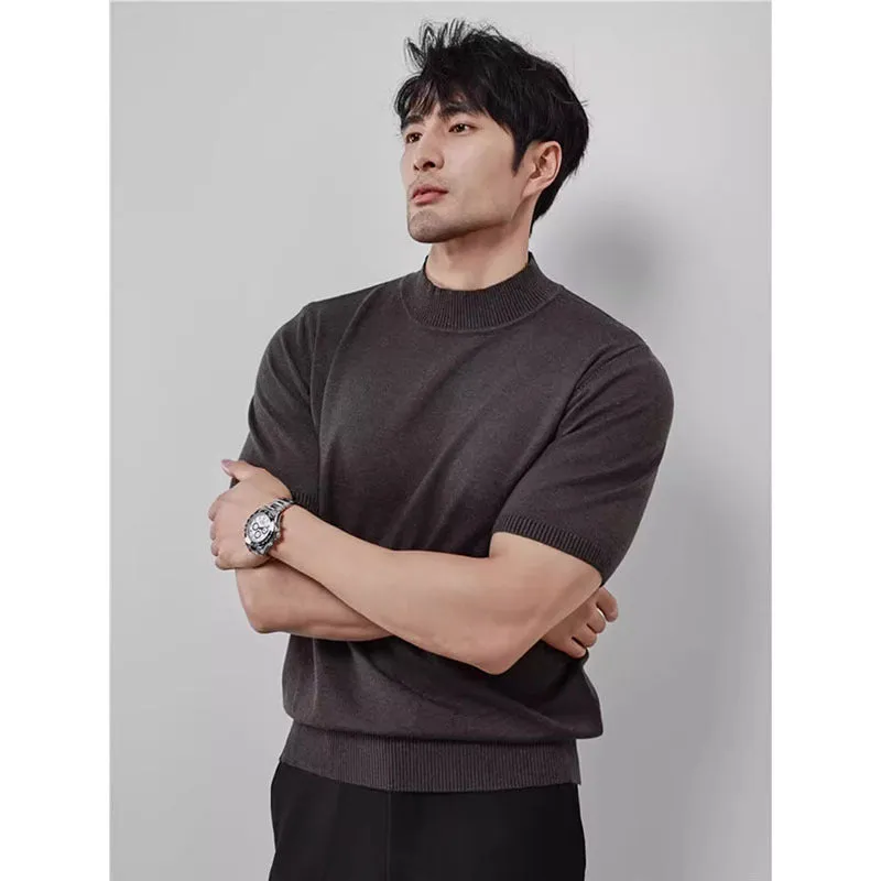Men's ice silk half turtleneck solid colour slim fit pullover in green on a plain background