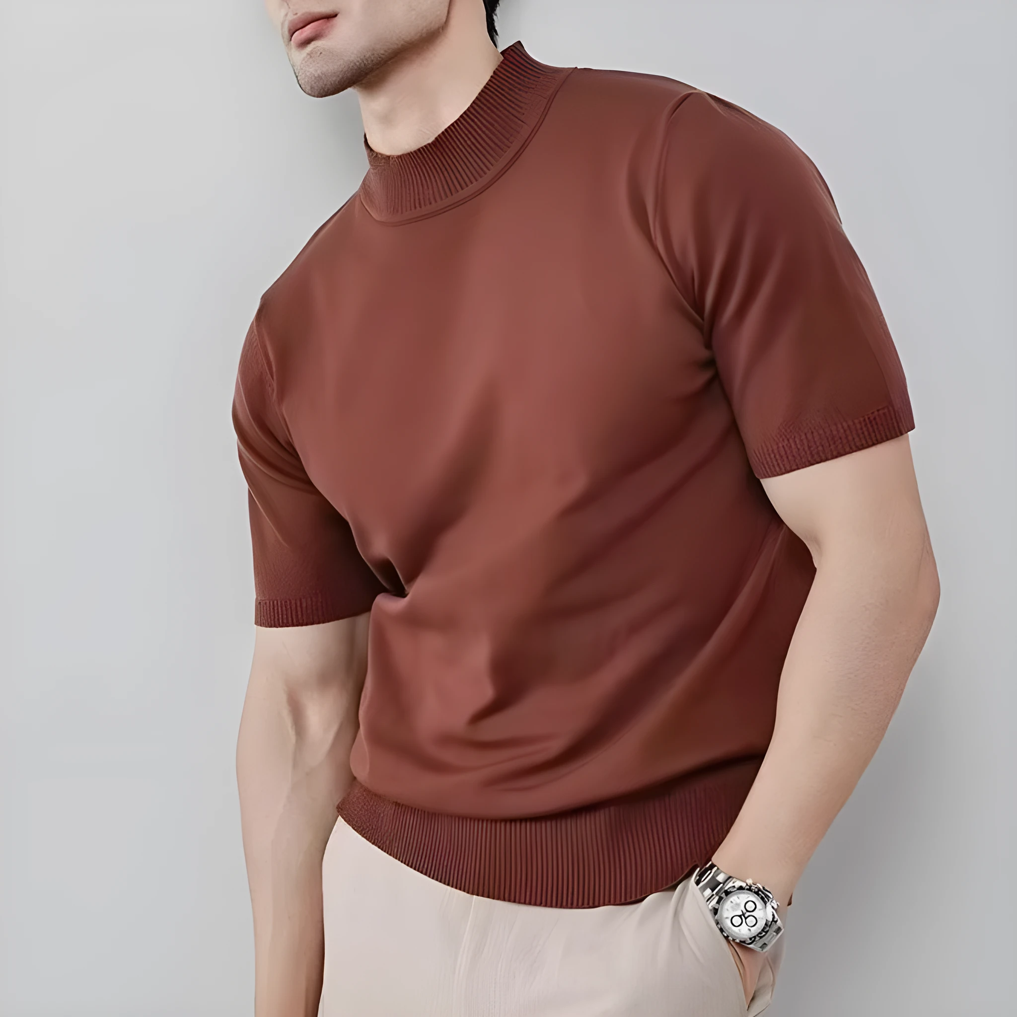 Men's ice silk half turtleneck solid colour slim fit pullover in green on a plain background