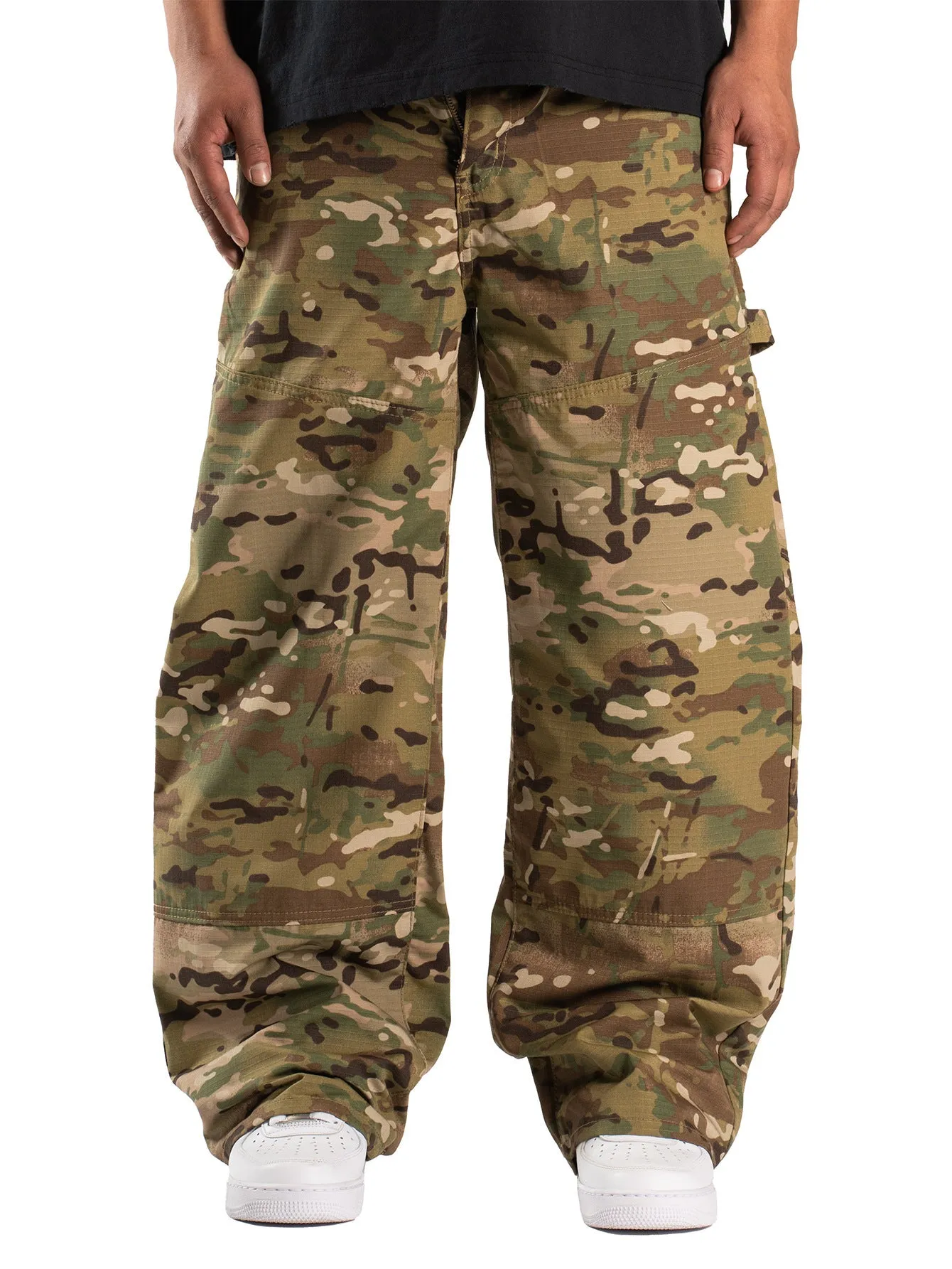 Men's loose camouflage workwear jeans in cotton denim, straight leg mid-waist with zip fly, green colour