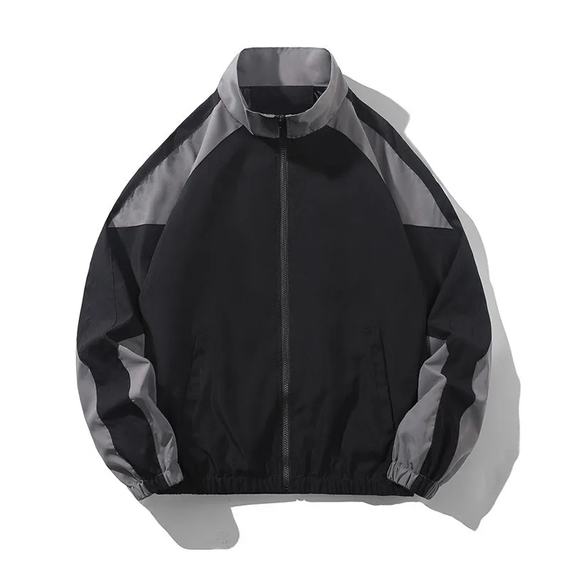 Men's black casual jacket with contrast stitching and side seam pockets, shown on a model.