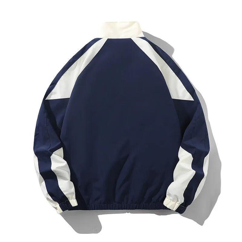 Men's black casual jacket with contrast stitching and side seam pockets, shown on a model.